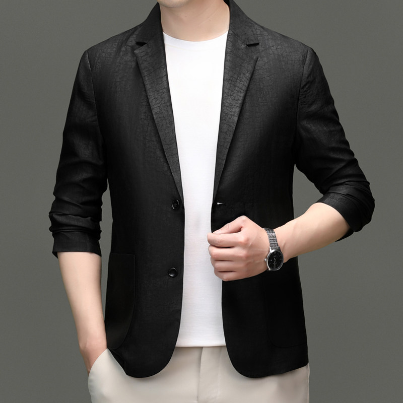 国际大牌高奢香云纱真丝西装外套男100%桑蚕丝新中式薄款黑色西服
