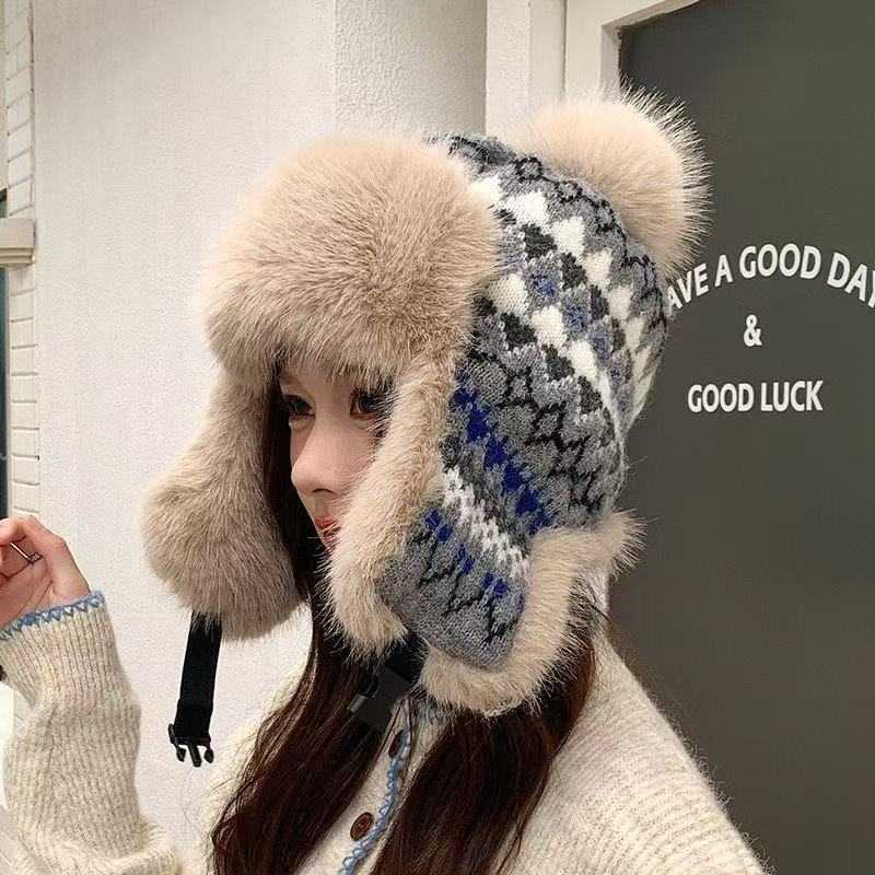 冬季加厚加绒雷锋帽女士针织提花
