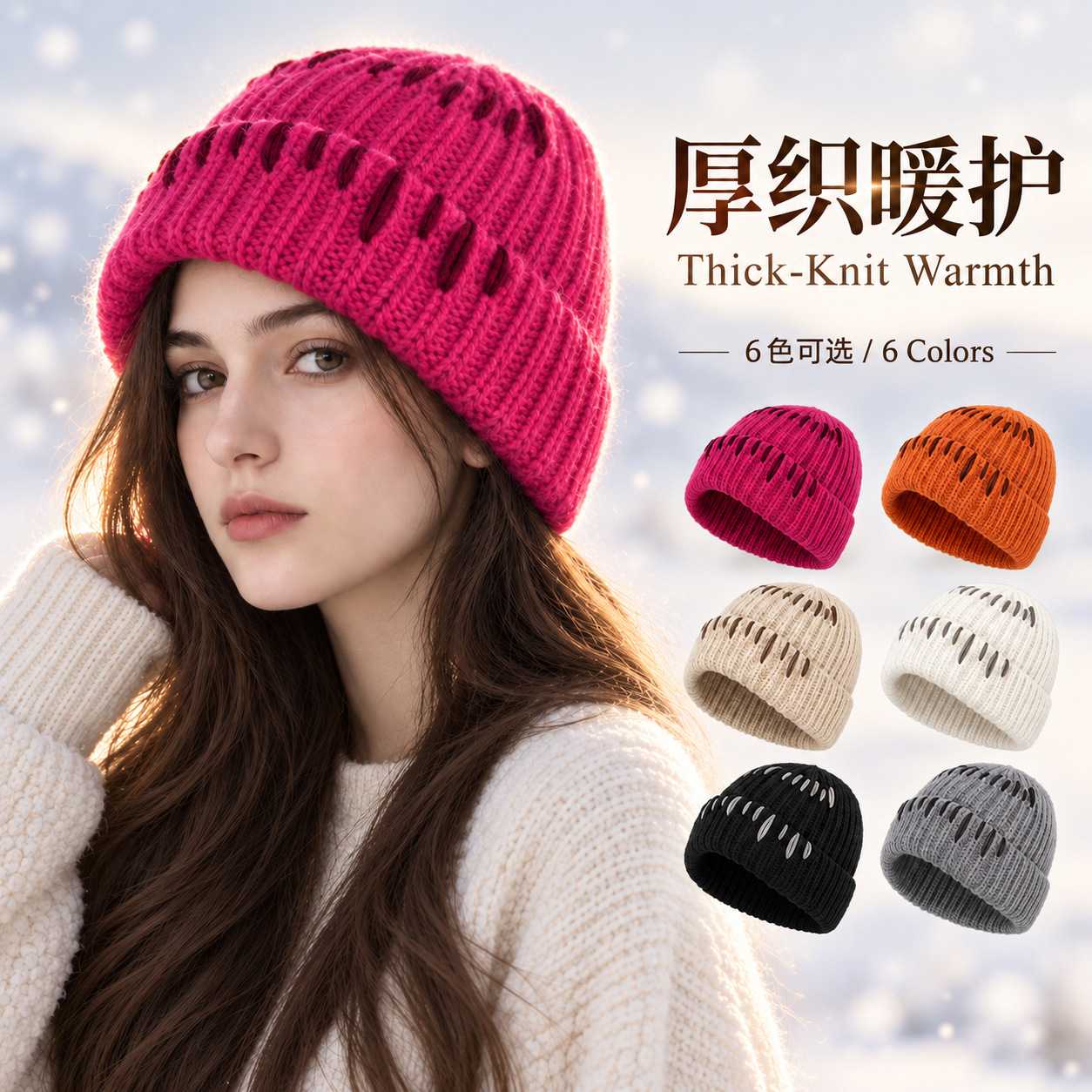 毛线针织撞色加厚保暖防冻帽女小