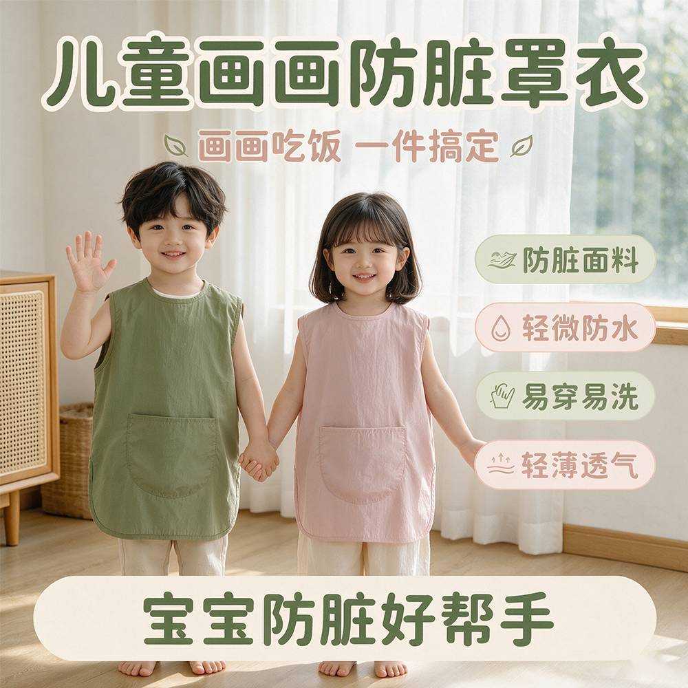 宝宝吃饭围兜儿童罩衣夏季防水防脏无袖轻薄透气3-6岁小孩反穿衣