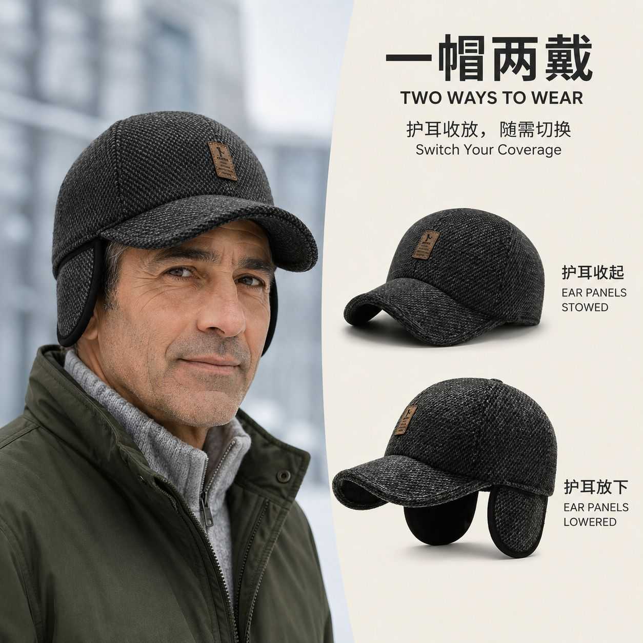 男士秋冬季保暖护耳毛呢帽｜棉质