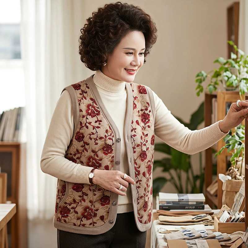 中老年秋冬加绒加厚印花棉马甲女