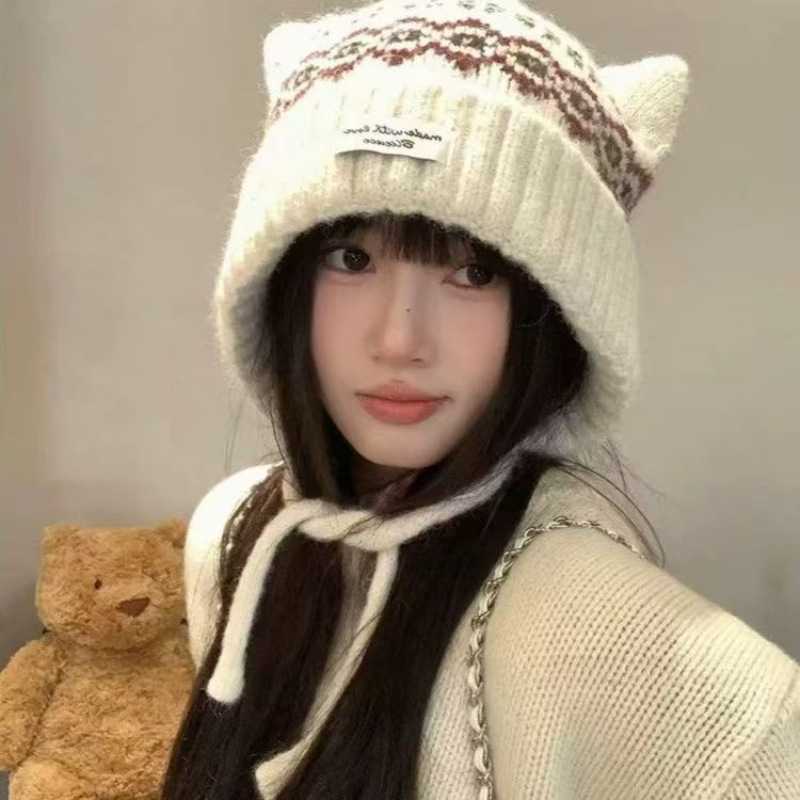 费尔岛风猫耳针织雷锋帽女冬加厚