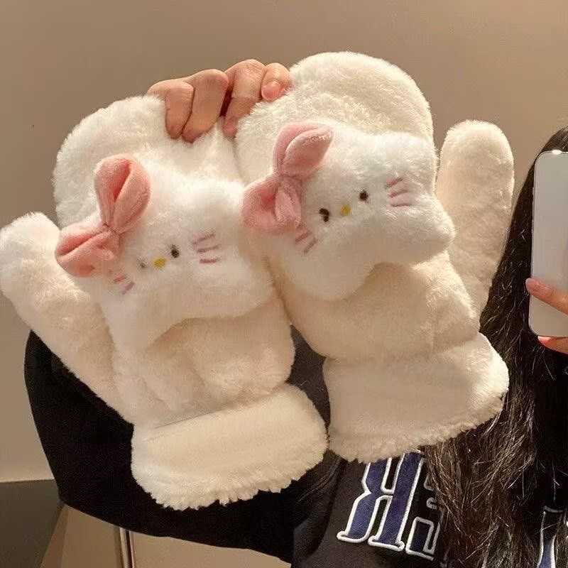 心可爱星星猫咪加绒保暖连指手套