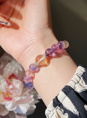 「彩虹萤石」天然水晶手链白水晶