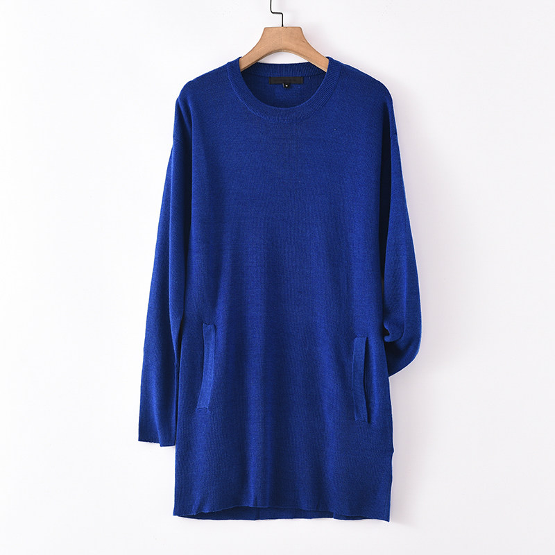 秋冬真丝羊毛衫连衣裙加长毛衣衣针织衫长袖上衣纯色黑蓝打底线衫