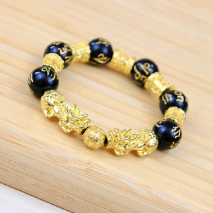 男女本命年饰品仿黄金貔貅手链手串仿黑曜石六字真言手串饰品旺运