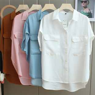 垂感透气短袖天丝牛仔衬衣女清凉夏季薄新款宽松连肩大码粉色上衣