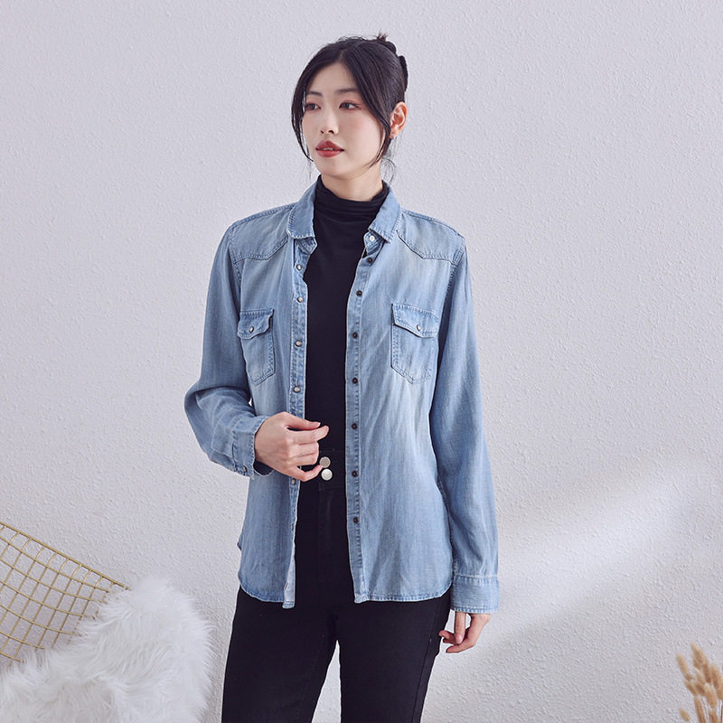 法式牛仔衬衣修身拼接衬衫