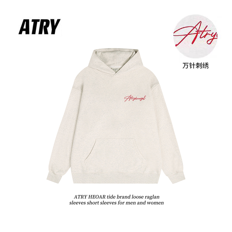 ATRY HEOAR花体刺绣logo连帽卫衣外套男女美式高街情侣宽松连帽衫