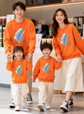 不一样的亲子装彩虹笑脸橙色卫衣儿童秋冬新款一家四口装活动衣服