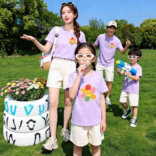 2026夏季新款彩色T恤幼儿园亲子装活动班服母女母子一家三口装潮