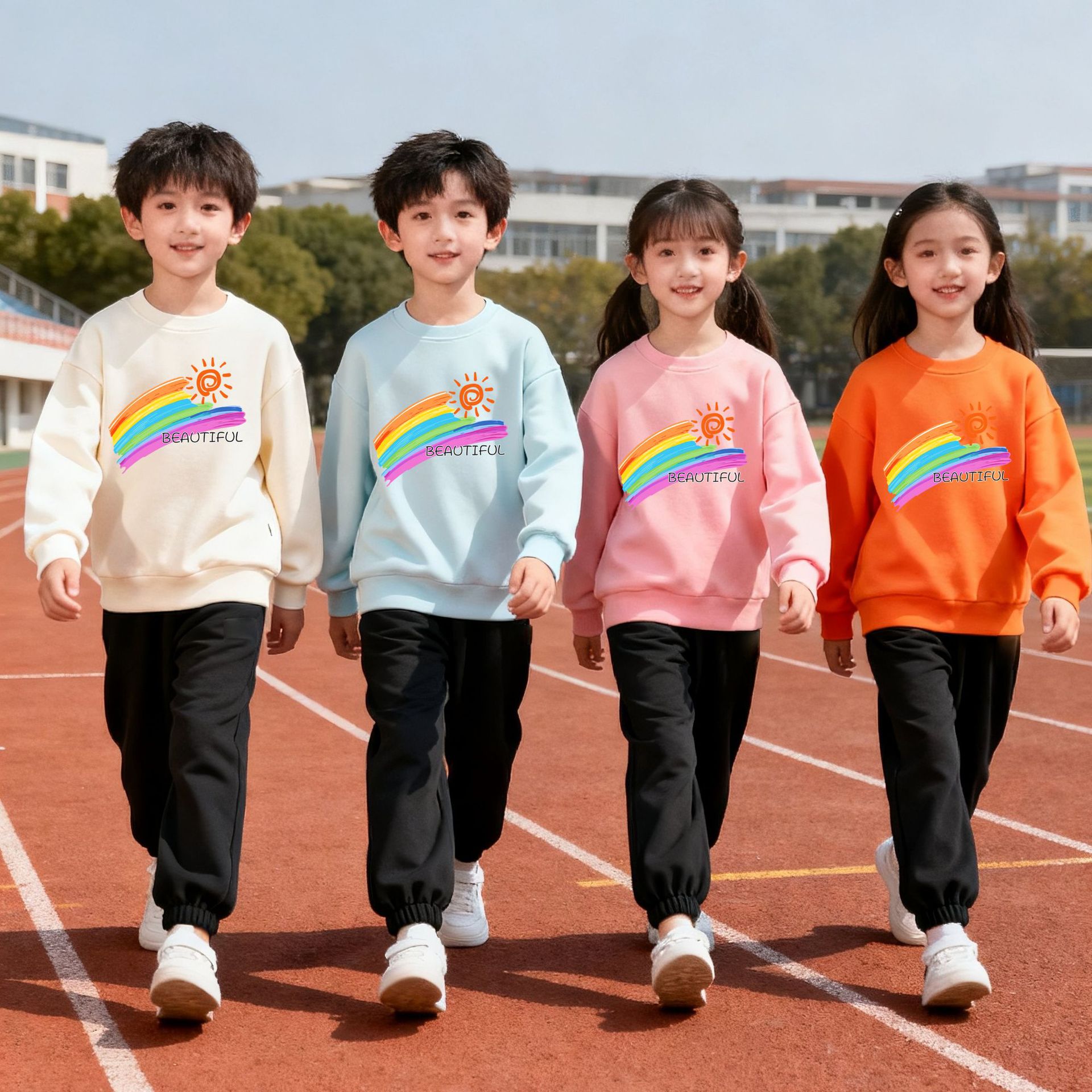 两件套装热卖款七色彩虹秋冬款儿童卫衣卫裤中小学生班服幼儿园潮