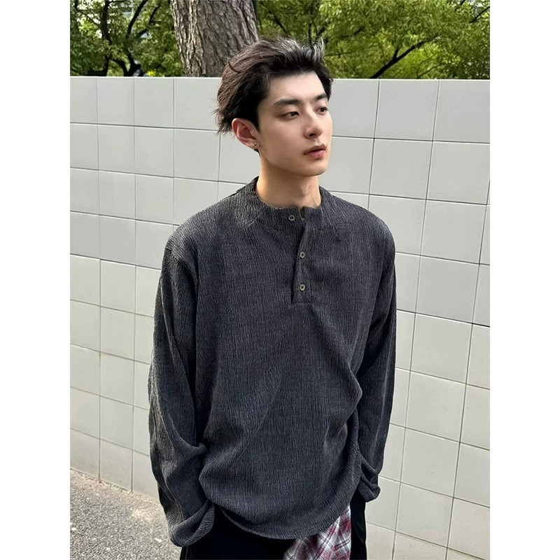 美式复古亨利领polo衫男款长T恤