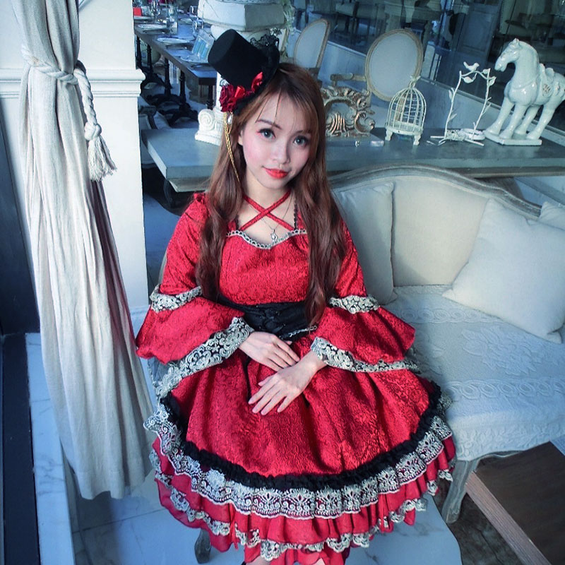 原創lolita春秋2018女新款復古宮庭華麗喇叭袖大擺OP連衣裙送腰封