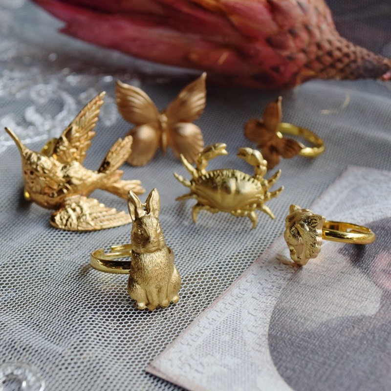 原创复古vintage美产蝴蝶蜂鸟兔子虎头戒指INS潮男女可调节个性