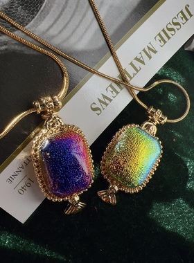 贝玛原创中古老琉璃大方块珍藏版炫彩绚烂多彩落霞与星云短毛衣链