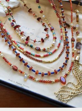 beima红色系新年天然石短项链复古个性毛衣链吉祥精致女孩气质