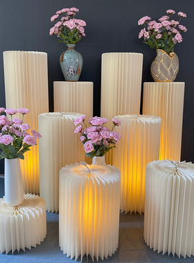 婚庆折叠圆柱甜品台柱子折纸罗马柱摆件圆形橱窗装饰生日蛋糕架子