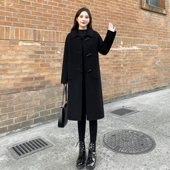 2024年新款黑色牛角扣双面羊绒呢子大衣女斗篷羊毛呢外套女秋冬装