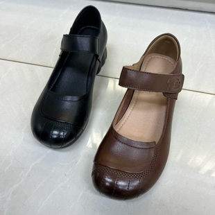 2026春夏新款真皮女鞋圆头粗跟魔术贴玛丽珍鞋浅口百搭舒适妈妈鞋