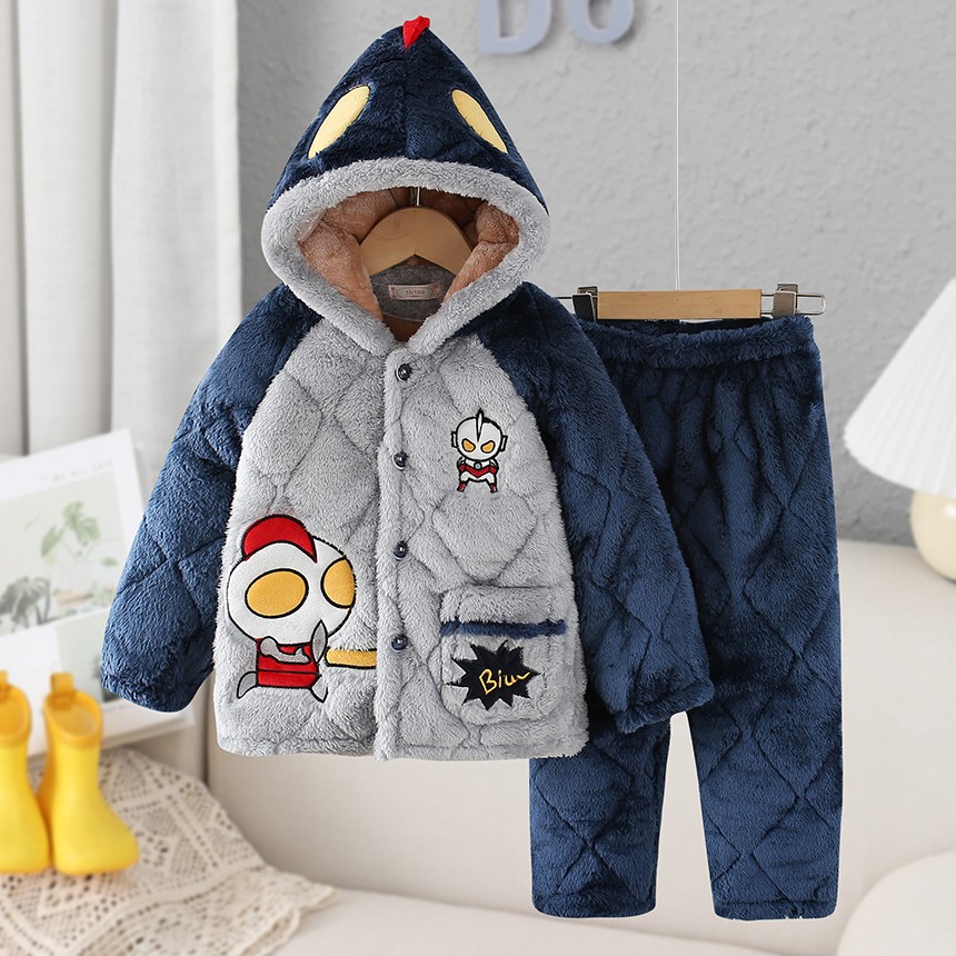 儿童夹棉睡衣男童奥特曼加绒套装