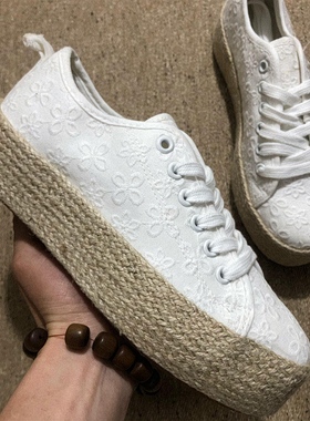 外贸帆布鞋白色麻边厚底女41码42码出口欧美小白鞋休闲百搭田园款