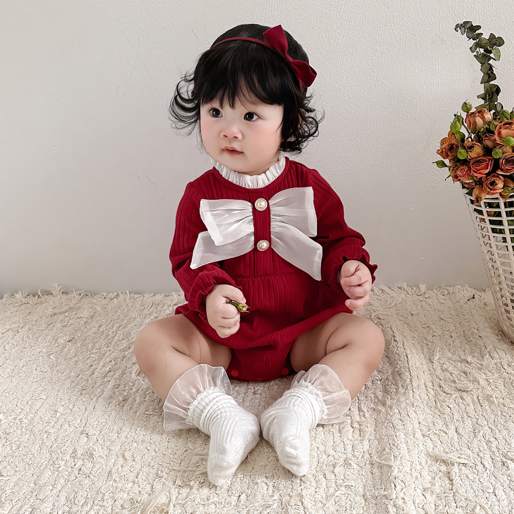 春秋女宝甜美蝴蝶结长袖拍照礼服