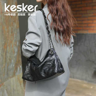 Kesker潮牌真皮轻奢高档ins包包菱格链条单肩包大容量通勤托特包