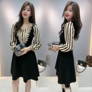 中长款 V领波点大码 假两件裙子 长袖 中年妈妈拼接连衣裙女春秋新款