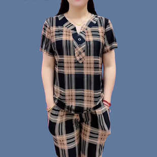 套装中老年女装夏季新款冰丝印花格子纽扣短袖九分裤俩件套女宽松