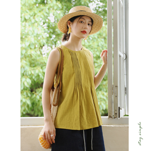 花吉B999草芥黄砂洗竹节棉塔克褶圆领无袖衬衫女2025新款夏衬衣