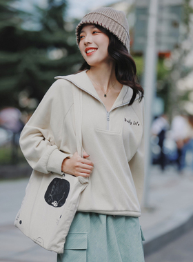 花吉B220杏色磨毛无帽翻领长袖卫衣女2025新款秋冬宽松小个子上衣