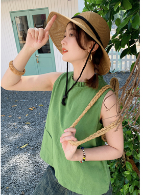 【花吉0423】C198“雨林”显白山葵绿花边无袖衬衫