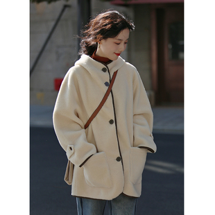 花吉B325米色撞色pu滚边甜美宽松连帽中长款 秋冬 外套女2025新款