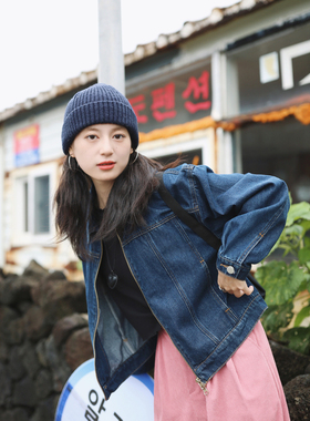 花吉B557深蓝色复古学院风小个子牛仔外套女2025新款秋宽松短外套