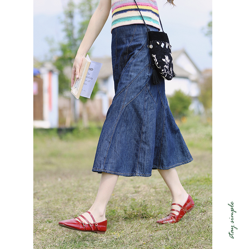 花吉Q482深蓝色高腰撞色牛仔鱼尾半身裙2025新款夏中长款牛仔裙