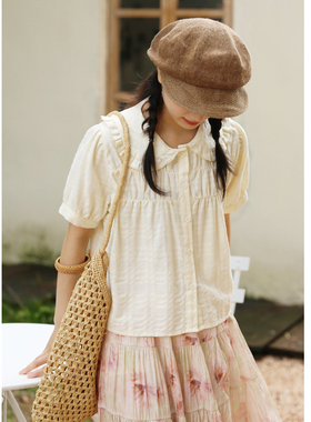 花吉C018豆乳杏色娃娃领格纹提花全棉短袖衬衫女2026新款夏衬衣