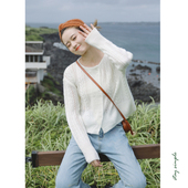 春针织衫 花吉B515米白色双排扣马海毛镂空针织开衫 女2025新款 毛衣