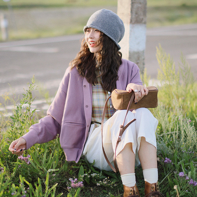 花吉B834茄紫色毛圈针织宽松学院风卫衣女2025新款秋纯棉开衫外套