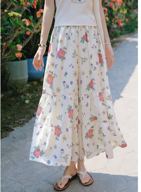 花吉L018浅色油画感印花宽松蛋糕拼缝裙裤女2025新款夏九分休闲裤