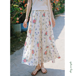 夏九分休闲裤 女2026新款 花吉L018浅色油画感印花宽松蛋糕拼缝裙裤