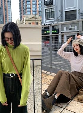 花吉C055苹果绿天丝羊毛堆堆领薄款打底T恤女2025新款秋长袖上衣