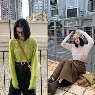 花吉C055苹果绿天丝羊毛堆堆领薄款打底T恤女2025新款秋长袖上衣