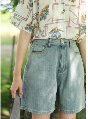 花吉L017浅蓝色高腰复古竹节阔腿牛仔短裤女2026新款夏短款牛仔裤