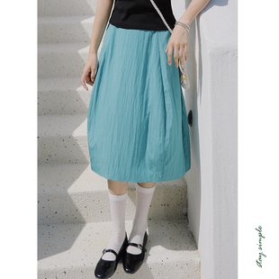 夏宽松花苞裙 花吉Q536石青蓝莫兰迪色系小花苞垂感半身裙2026新款