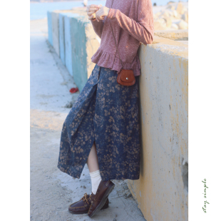 花吉Q579深蓝色高腰不规则斜开叉印花直筒半身裙2026新款 春半裙