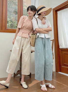 花吉K012蓝色宽松日系全棉松紧腰休闲裤女阔腿裤夏女薄款九分裤子