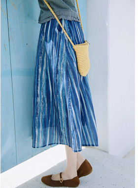 花吉Q523海浪蓝色条纹松紧腰半身裙2025新款夏文艺风竖条纹中长款