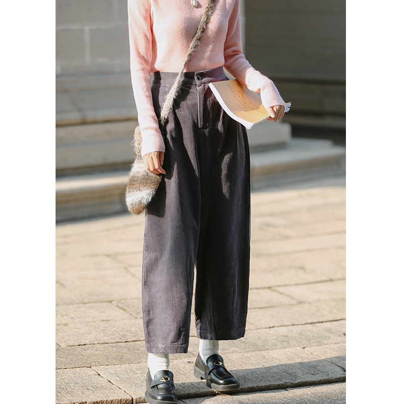 灰色半松紧腰灯芯绒裤